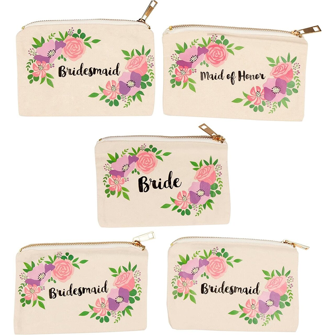 Bridal Shower Makeup Bag - 5-Pack Canvas Cosmetic Pouches for